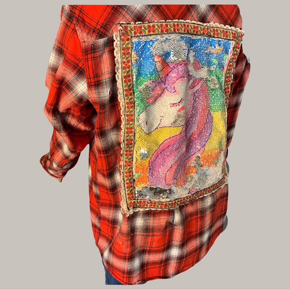 Upcycled Vibrant Red Plaid Unicorn Sequin Shirt - Picture 2 of 11